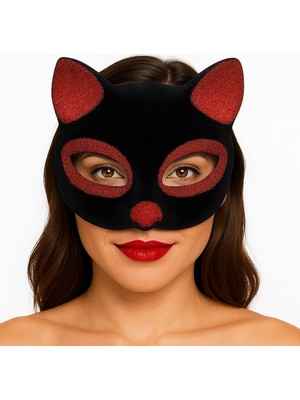 Mey İthalat Mey Ithalat® Siyah Renk Kırmızı Simli Süet Kaplama Kedi Maskesi 18X14 cm