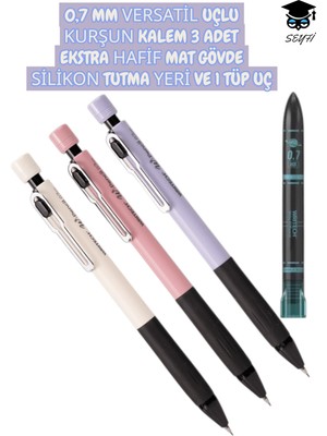 0,7 mm Versatil Uçlu Kurşun Kalem 3 Adet Ekstra Hafif Gövde Silikon Tutma Yeri ve 1 Tüp Uç Writech