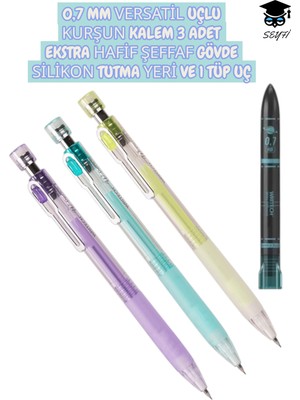 0,7 mm Versatil Uçlu Kurşun Kalem 3 Adet Ekstra Hafif Gövde Silikon Tutma Yeri ve 1 Tüp Uç Writech
