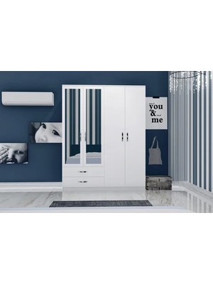 Vivense Novado Aynalı Gardırop, 4 Kapaklı 2 Çekmeceli, Beyaz