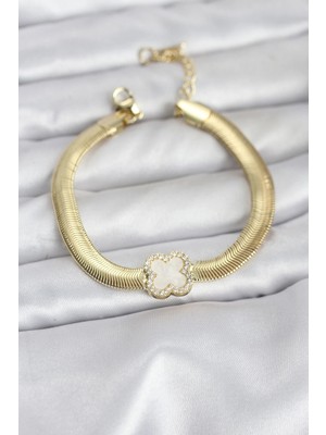 Mey İthalat Mey Ithalat® 316L Çelik Gold Renk Beyaz Yonca Model Zirkon Taşlı Yılan Zincirli Kadın Bileklik