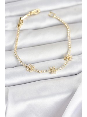 Mey İthalat Mey Ithalat® Pirinç Gold Renk Çiçek Model Zirkon Taşlı Su Yolu Kadın Bileklik