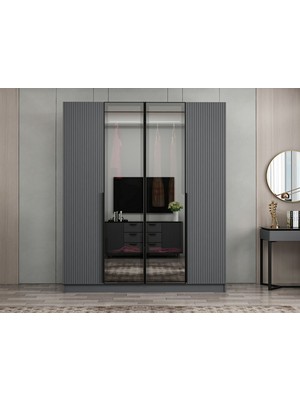 Minar Nisa Plus 4 Kapaklı 2 Çekmece Dolap Antrasit Mebran Reflekte Cam