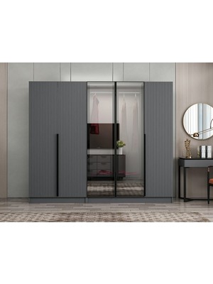Minar Nisa Plus 5 Kapaklı 2 Çekmece Dolap Antrasit Mebran Reflekte Cam