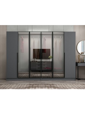 Minar Nisa Plus 6 Kapaklı 4 Çekmece Dolap Antrasit Mebran Reflekte Cam