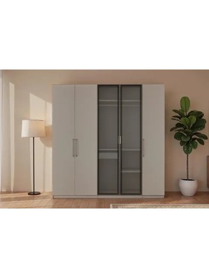 Vivense Pandora Nox Camlı Gardırop, Krem, 5 Kapaklı