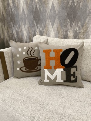 Zeora Home 2’li Dekoratif Pamuklu Kırlent Kılıfı Home Yazılı & Kahve Fincanı Desenli Modern Bohem Etnik Salon Çift Katlı Kumaş