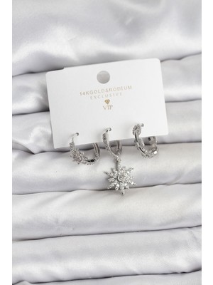 Ulugo Pirinç Gümüş Renk Kutup Yıldızı Model 3'lü Kadın Küpe Seti - Lisinya