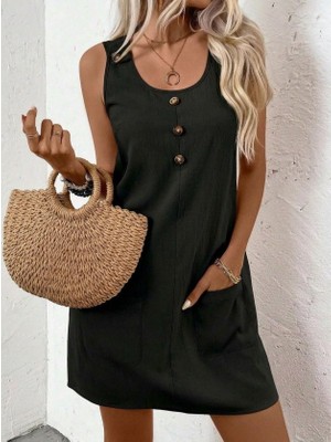 Giyimodam Kadın Askılı Yuvarlak Yakalı Önden Düğmeli Cep Detaylı Kısa Elbise