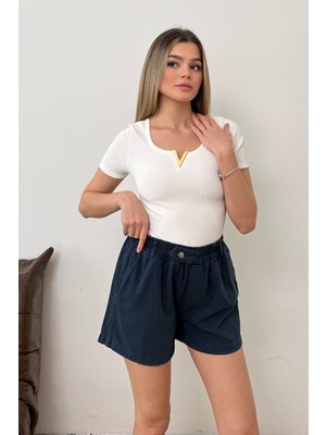 Giysa Kadın Beli Lastikli Çift Cepli %100 Pamuklu Şort Lacivert - YP5410