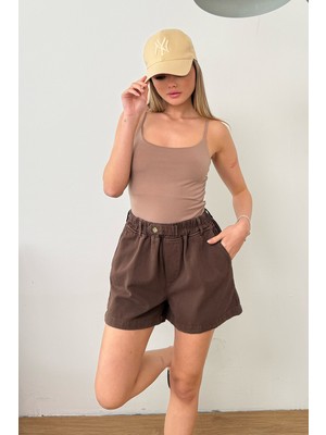 Giysa Kadın Beli Lastikli Çift Cepli %100 Pamuklu Şort Kahverengi - YP5410