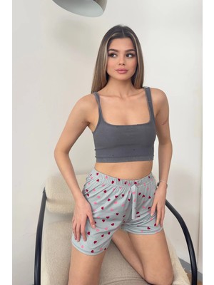 Giysa Kadın Beli Lastikli Kalp Desenli Pijama Altı Şort Gri - 26Y 2602