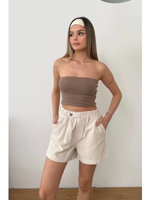 Giysa Kadın Beli Lastikli Çift Cepli %100 Pamuklu Şort Taş - YP5410