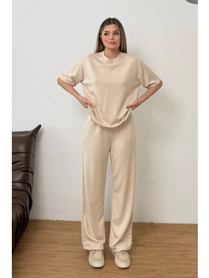 Giysa Kadın Bisiklet Yaka Kısa Kollu Modal Ikili Takım Bej - MS0001417