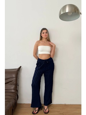 Giysa Kadın Beli Ayarlanabilir Fırfır Detaylı Çift Cepli Pantolon Lacivert - MS0001626