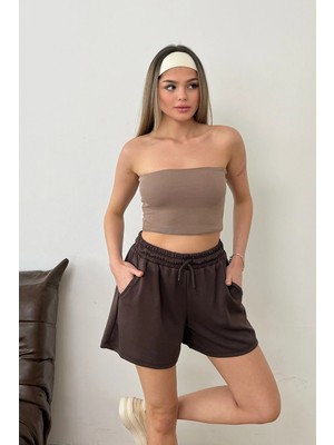 Giysa Kadın Beli Ayarlanabilir Çift Cepli Modal Şort Kahverengi - 26673