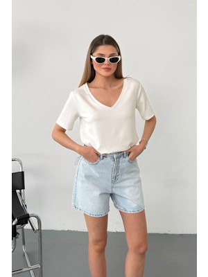 Giysa Kadın V Yaka Modal Kumaş Basic T-Shirt Beyaz - MS0001587