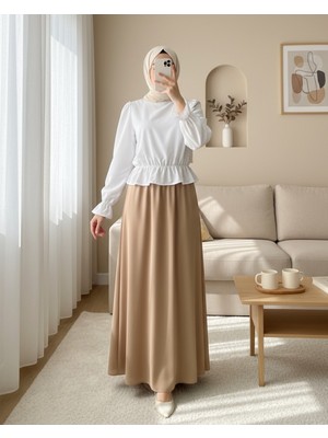 Moda Morfo Manşeti Fırfırlı Beli Büzgülü Poplin Bluz -Beyaz