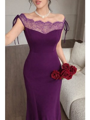 Arben Boutique Kadın Göğüs ve Yakası Dantel Detaylı Kayık Yaka Görünümlü Uzun Ithal Krep Elbise