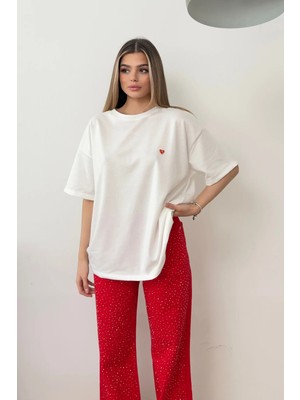Giysa Kadın Kalp Aksesuarlı 2ip T-Shirt Beyaz - 26Y 26606
