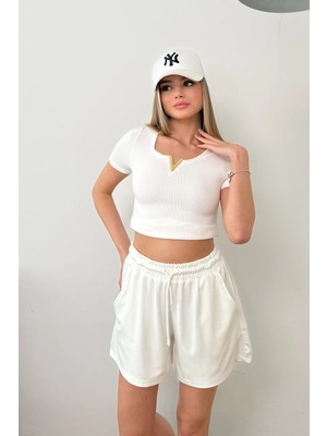 Giysa Kadın Beli Ayarlanabilir Çift Cepli Modal Şort Beyaz - 26673