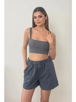 Giysa Kadın Beli Lastikli Çift Cepli %100 Pamuklu Şort Füme - YP5410