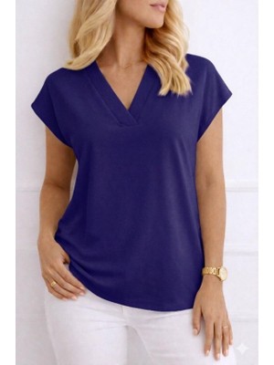 Bi Baksana Kadın V Yaka Kısa Kol Dokuma Viskon Kumaş Bluz