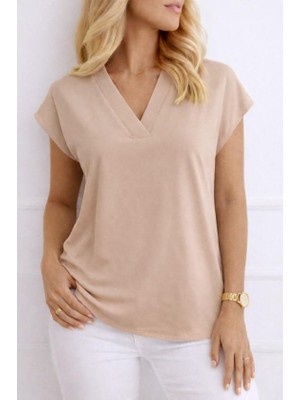 Runique Home Runiquehome Kadın V Yaka Kısa Kol Dokuma Viskon Kumaş Bluz