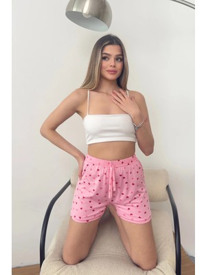 Giysa Kadın Beli Lastikli Kalp Desenli Pijama Altı Şort Pembe - 26Y 2602