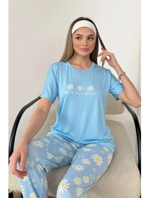 Giysa Kadın Bisiklet Yaka Desenli Kısa Kollu Pijama Takımı Mavi - 26Y 2601