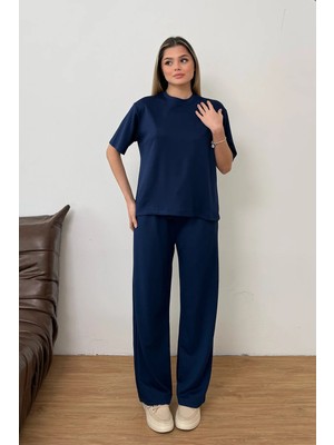 Giysa Kadın Bisiklet Yaka Kısa Kollu Modal Ikili Takım Lacivert - MS0001417