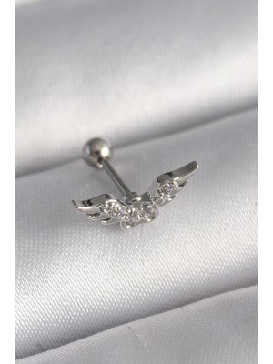 Ulugo 316L Çelik Gümüş Renk Zirkon Taş Detay Kanat Model Tragus Piercing - Lisinya