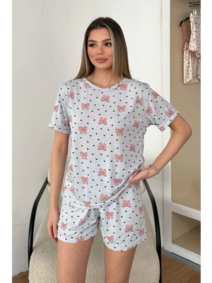 Giysa Kadın Bisiklet Yaka Fiyonk Desenli Şortlu Pijama Takımı Gri - 26Y 2054