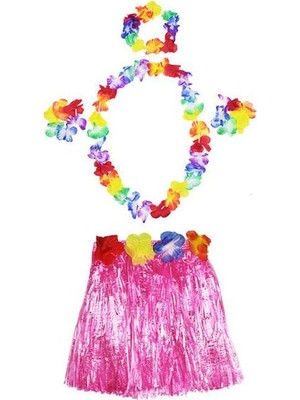 Ulugo Luau Aloha Hawaii  Kolye Etek Taç ve Bileklik Seti Pembe (5224)
