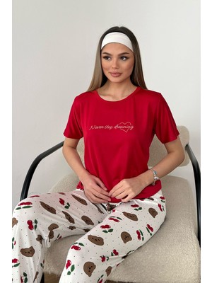 Giysa Kadın Bisiklet Yaka Desenli Kısa Kollu Pijama Takımı Kırmızı - 26Y 2601