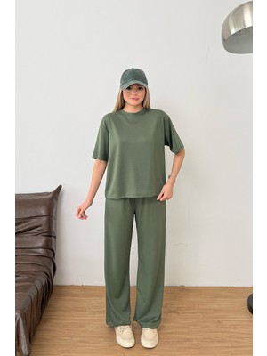 Giysa Kadın Bisiklet Yaka Kısa Kollu Modal Ikili Takım Haki - MS0001417