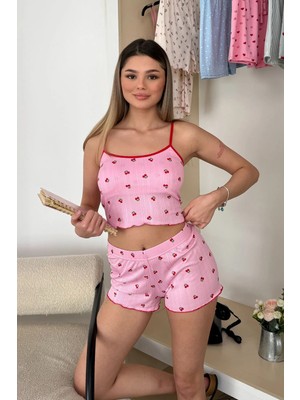 Giysa Kadın Askılı Kaplı Kiraz desenli Şortlu Pijama Takımı Pembe - 3403