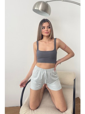 Giysa Kadın Beli Lastikli Çizgili Pijama Altı Şort Yeşil - 26Y 2602