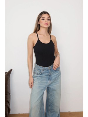 Jee Lee Kadın Askılı Kaplı Çıtçıtlı Body Siyah - 5070