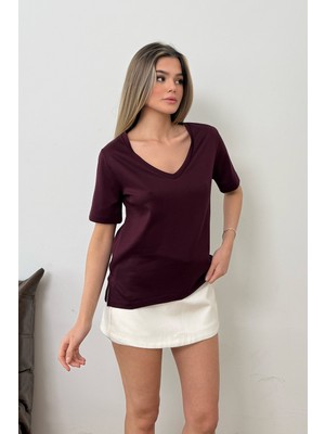 Giysa Kadın V Yaka Modal Kumaş Basic T-Shirt Mürdüm - MS0001587
