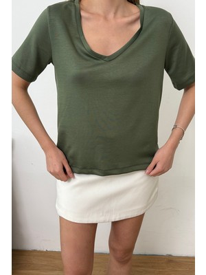 Giysa Kadın V Yaka Modal Kumaş Basic T-Shirt Haki - MS0001587