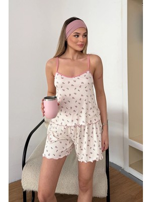 Giysa Kadın Askılı Çiçek Desenli Şortlu Pijama Takımı Bej - 3300