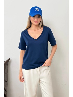 Giysa Kadın V Yaka Modal Kumaş Basic T-Shirt Lacivert - MS0001587