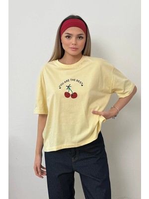 Giysa Kadın Kiraz Baskılı %100 Pamuklu T-Shirt Sarı - 26Y 26519