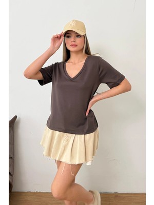 Giysa Kadın V Yaka Modal Kumaş Basic T-Shirt Kahverengi - MS0001587