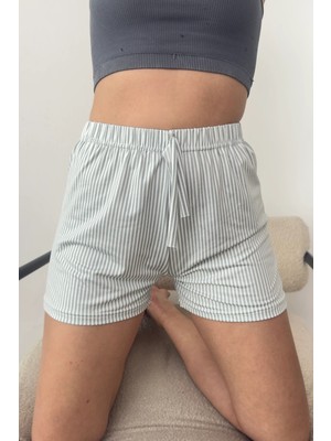 Giysa Kadın Beli Lastikli Çizgili Pijama Altı Şort Yeşil - 26Y 2602