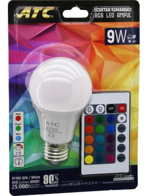 Ulugo ATC-RGB-9W  Kumandalı   9W=60W  Rgb=16-Renkli LED Ampul E27 800 Lümen 6500K 25.000 Saat Ömür (5224)