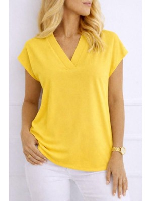 Mericline Kadın V Yaka Kısa Kol Dokuma Viskon Kumaş Bluz