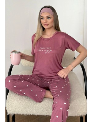 Giysa Kadın Bisiklet Yaka Desenli Kısa Kollu Pijama Takımı Pembe - 26Y 2601