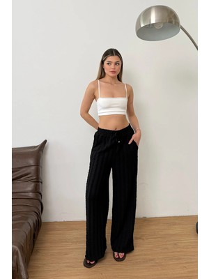 Giysa Kadın Beli Ayarlanabilir Fırfır Detaylı Çift Cepli Pantolon Siyah - MS0001626